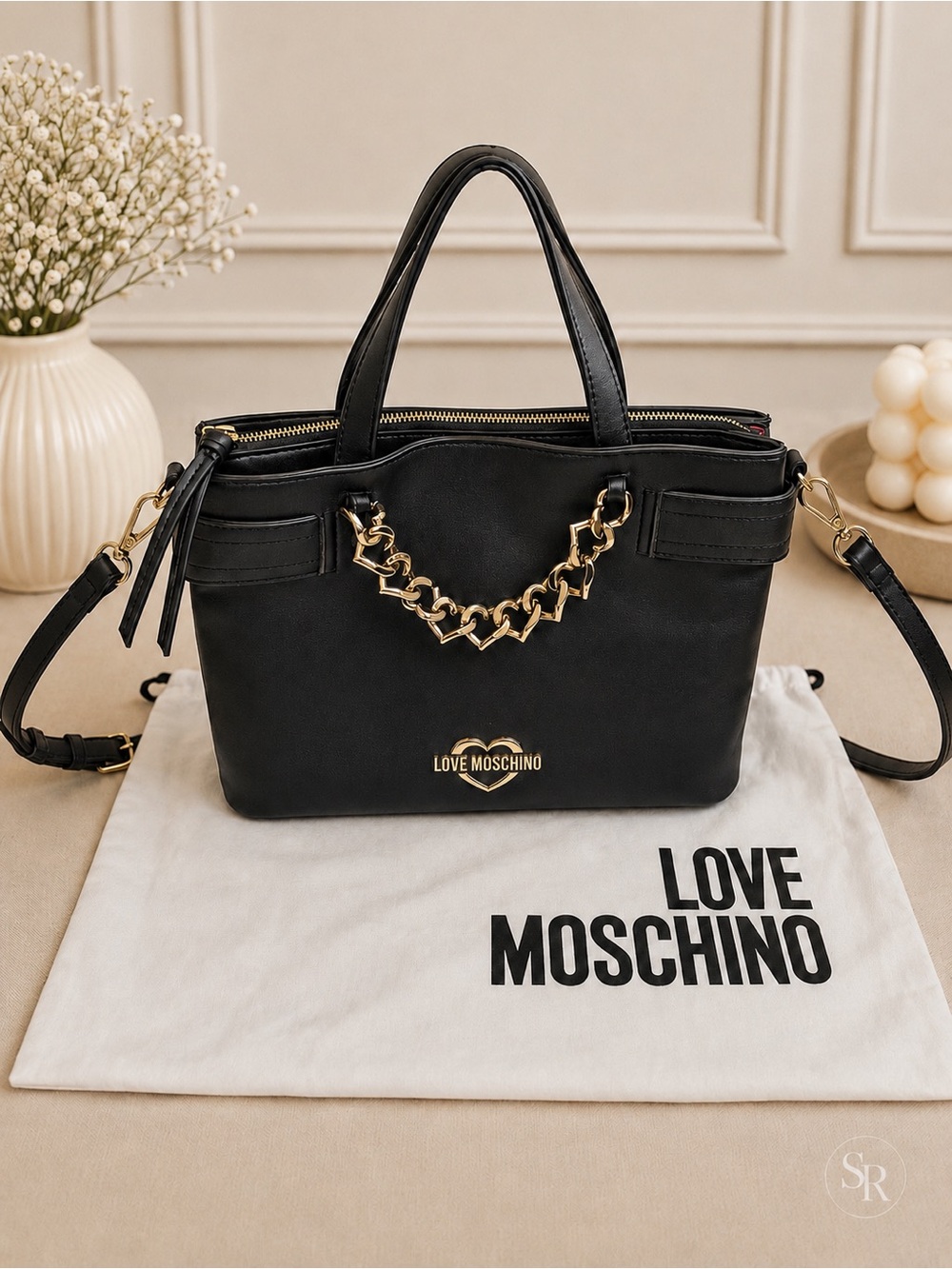 Love Moschino NWOT Black Satchel Crossbody Heart Chain Gold Hardware Dust Bag